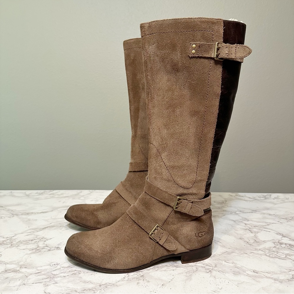 UGG Cydnee Brown Tan Suede Leather Riding Knee High Boots Women’s Size 12 EUC